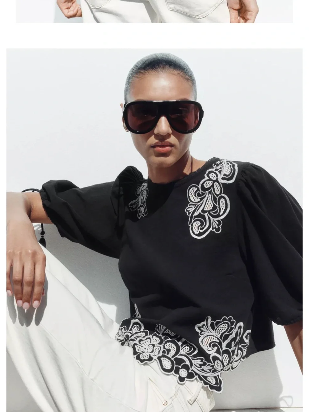 Zara Black Blouse with White Floral Embroidery